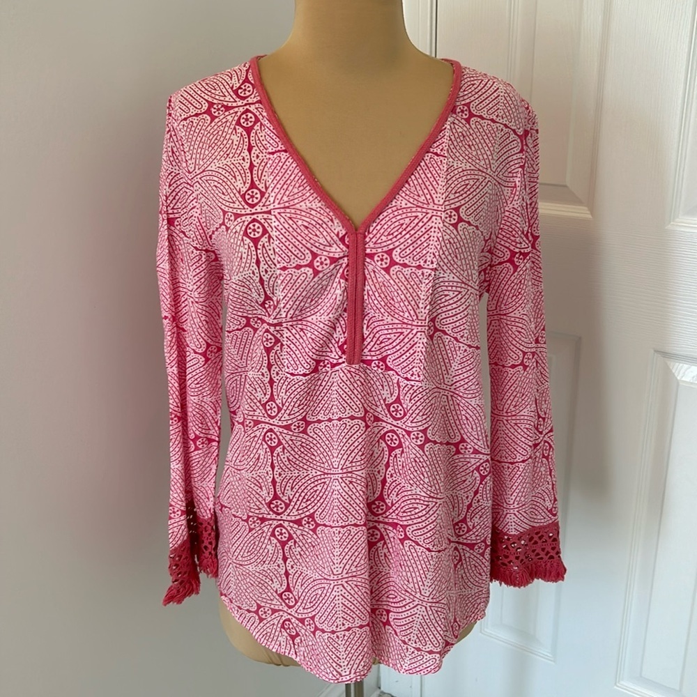 Roberta Roller Rabbit Pink/White Crochet Trim Top